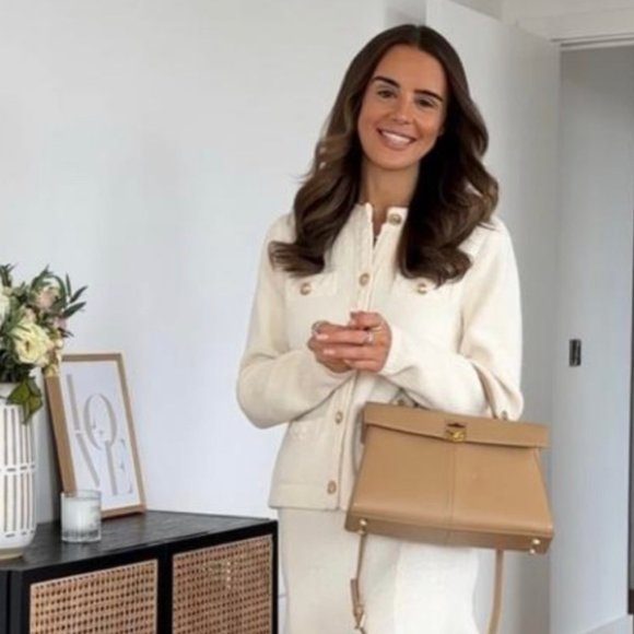 NEW Gold Button Tweed Textured Knit Sweater Cardigan Jacket - Cream Ivory - Picture 11 of 14